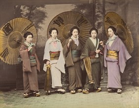[Five Japanese Women in Traditional Dress with Parasols], 1870s.