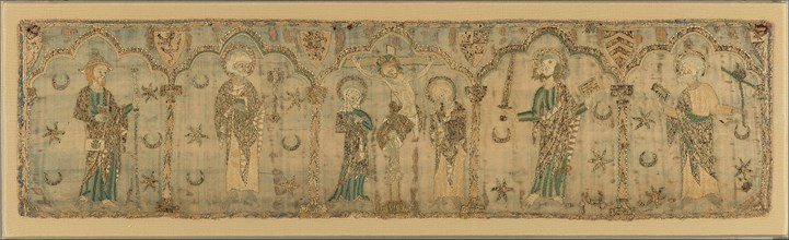 Crucifixion flanked by Saints, British, ca. 1270 (probably before 1272). Crucifixion of Jesus witnessed by Saint John, the Virgin, and saints James the Greater (with a satchel), Peter (with a key), Pa...