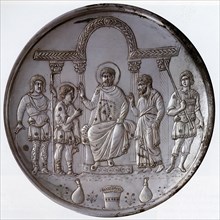 Plate with the Presentation of David to Saul, Byzantine, 629-630. David, brought before Saul, says he is willing to battle Goliath (1 Samuel 17:32-34)