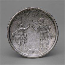 Plate with David's Confrontation with Eliab, Byzantine, 629-630.  Eliab, accusing David of neglecting his duty as a shepherd to watch the battle with Goliath (1 Samuel 17:28-30).