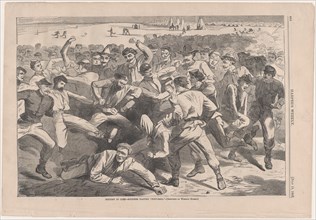 Holiday in Camp - Soldiers Playing "Foot-Ball" - Sketched by Winslow Homer (Harper's Weekly, Vol. IX), July 1865.