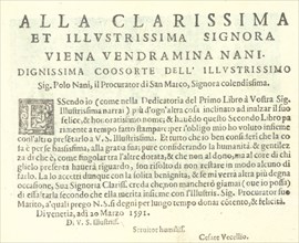 Corona delle Nobili et Virtuose Donne: Libro I-IV, page 30 (recto), 1601.[Dedication to Viena Vendramina Nani, consort of Polo Nani, procurator of San Marco].