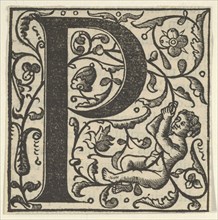 Initial letter P with putto, mid-16th century.