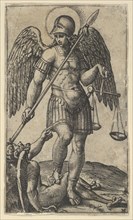 Saint Michael holding scales and a lance