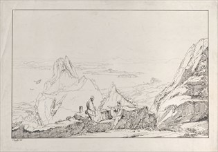 Mountainous landscape with two men in the foreground