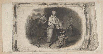 Banknote vignette with a blacksmith and forge