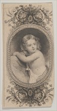 Banknote motif: a child's portrait and two patterned ovals surrounded by a floral f...