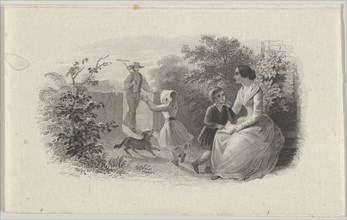 Banknote vignette with a family in a garden