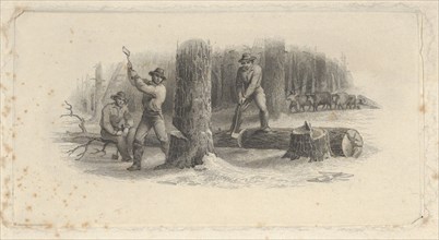 Banknote vignette showing woodsmen felling trees in a snowy forest