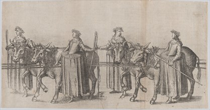 Four women walking alongside four cows; plate from 'Repraesentatio Der Fürstlichen Auffzug...