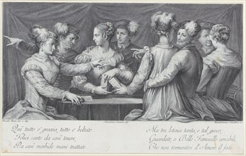 A group of elegantly dressed people playing cards