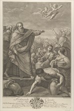 Moses at left with the Israelites who gather manna as it falls from the sky