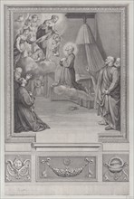 Saint kneeling before a vision of the Virgin Mary.