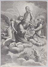 Saint Louis of France received into heaven by Christ and two angels who offer him the c...
