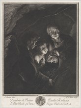 Night scene in a cave with an old woman holding burning coals in a pot