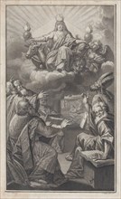 Allegorical figure appearing on clouds overhead while a group of men gathered below look u...