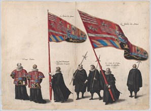 Plate 48: Men bearing arms and heraldic flags marching in the funeral procession of Archdu...