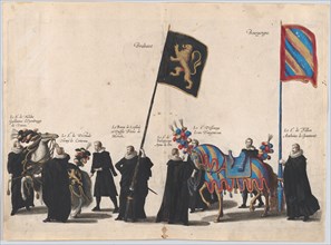 Plate 45: Men with heraldic flags and horses from the House of Brabant and Burgundy marchi...
