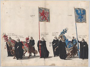 Plate 39: Men with heraldic flags and horses from Burgundy and Artois marching in the fune...