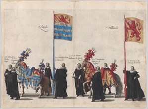 Plate 37: Men with heraldic flags and horses from Zeeland and Holland marching in the fune...