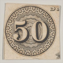 Banknote motif: the number 50 against an ornamental lathe work rondel resembling la...
