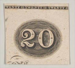 Banknote motif: the number 20 against an ornamental lathe work oval resembling wove...