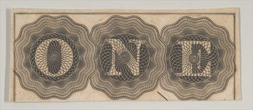 Banknote motif: the word ONE with each letter set against a circle of lathe work