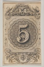 Banknote motif: the number 5 set against a scallop-edged circle of ornamental lathe...