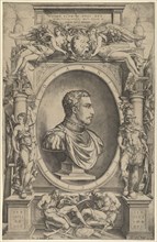 Portrait of Giovanni de' Medici facing right within an elaborate cartouche flanked by Vict...