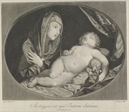 The Virgin with arms crossed over her chest looking at the sleeping infant Christ