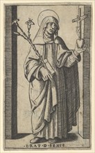 Saint Catherine of Siena standing holding flowers and book in her right hand