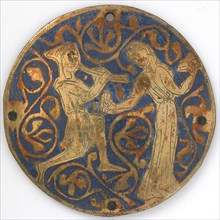 Medallion with Youth Playing Pipe for Dancing Woman with Castanets