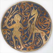 Medallion with Youth Leading Long-necked Animal