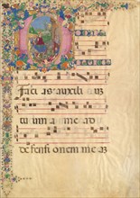 Manuscript Leaf with Entry into Jerusalem on Palm Sunday in an Initial D...