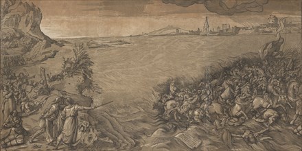 The crossing of the red sea, Moses stands at the left pointing to the army being submerged, after Titian, 1589.