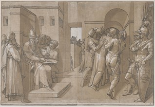 Pilate at the left washing his hands (left side of sheet), 1585.