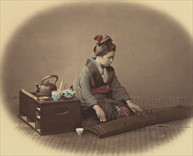 Woman with Tea Set Playing the Koto, ca. 1860.