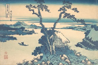 Lake Suwa in Shinano Province (Shinshu Suwako), from the series Thirty-six Views of Mount Fuji (Fugaku sanjurokkei), ca. 1830-32.