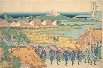 Fuji Seen in the Distance from Senju Pleasure Quarter (Senju kagai yori chobo no Fuji), from the series Thirty-six Views of Mount Fuji (Fugaku sanjurokkei), ca. 1830-32.