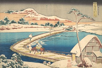 Old View of the Boat-bridge at Sano in Kozuke Province (Kozuke Sano funabashi no kozu), from the series Remarkable Views of Bridges in Various Provinces (Shokoku meikyo kiran), 1827-30.