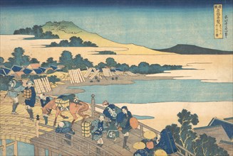Fukui Bridge in Echizen Province (Echizen Fukui no hashi), from the series Remarkable Views of Bridges in Various Provinces (Shokoku meikyo kiran), 1827-30.