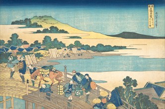 Fukui Bridge in Echizen Province (Echizen Fukui no hashi), from the series Remarkable Views of Bridges in Various Provinces (Shokoku meikyo kiran), ca. 1830.