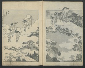 Mount Fuji under a Bridge (left); Mount Fuji behind a Net (right), from One Hundred Views of Mount Fuji, ca. 1847.