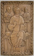Plaque with Christ enthroned with two Apostles, Carolingian, 850-875.  Christ flanked by Saints Peter and Paul