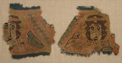 Two Fragments with Human Faces and Birds, Coptic, 5th century.
