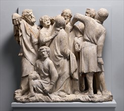 Relief of the Betrayal and Arrest of Jesus, French, 1264-88. Peter sheathing his sword after severing the ear of Malchus