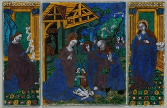 Three plaques from a triptych with the Adoration of the Shepherds, Flanked by the Angel Gabriel and the Virgin Annunciate, French, early 16th century.