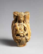 Rosary Terminal Bead with the Virgin and Child, Saint Barbara, and Saint Catherine, French (?), 15th century.