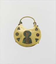 One of a Pair of Temple Pendants, with Busts of Male Saints Holding Martyr's Cross (front) and Leaf and Rosette Motifs (back), Kievan Rus', 11th-12th century.