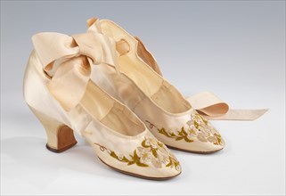 Evening shoes, French, 1875-85. Worn by Abigail Kinsley Norman Prince (1860-1949)